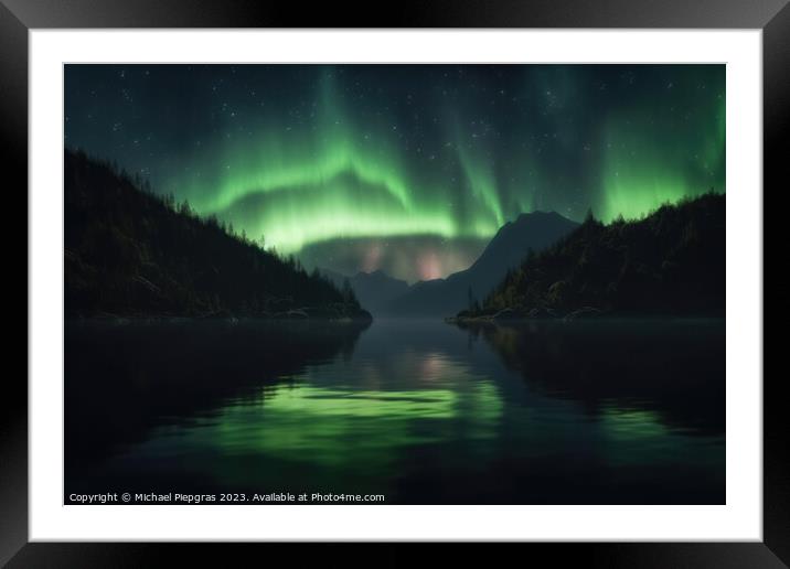Auroras in green colour and stars over a lake with reflections o Framed Mounted Print by Michael Piepgras