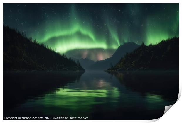 Auroras in green colour and stars over a lake with reflections o Print by Michael Piepgras