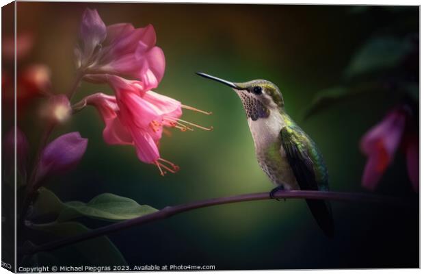 Portrait of a Green Hummingbird on a Flower created with generat Canvas Print by Michael Piepgras