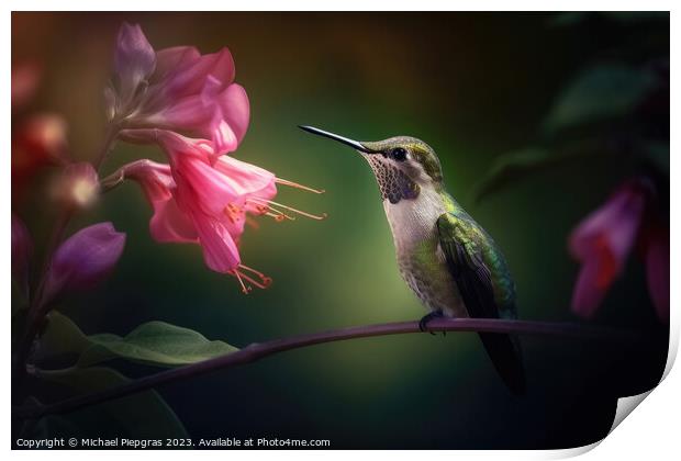 Portrait of a Green Hummingbird on a Flower created with generat Print by Michael Piepgras