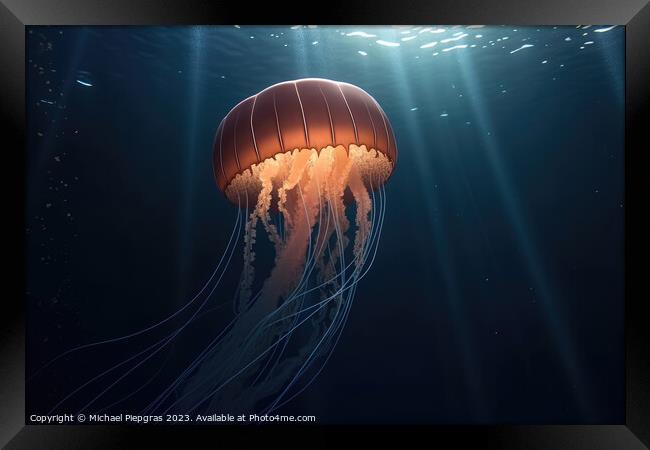 Realistic jellyfish in the depths of the ocean with lightbeams f Framed Print by Michael Piepgras