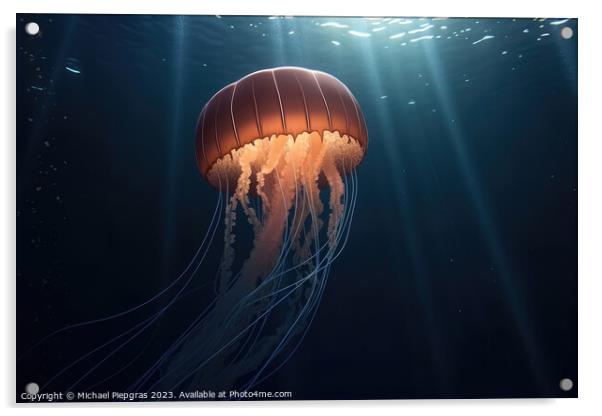 Realistic jellyfish in the depths of the ocean with lightbeams f Acrylic by Michael Piepgras