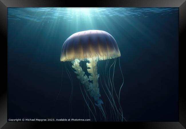 Realistic jellyfish in the depths of the ocean with lightbeams f Framed Print by Michael Piepgras