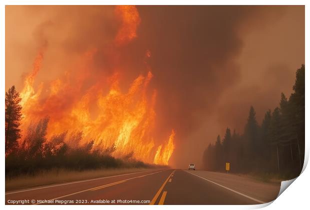 A devastating forest fire as seen from the road created with gen Print by Michael Piepgras