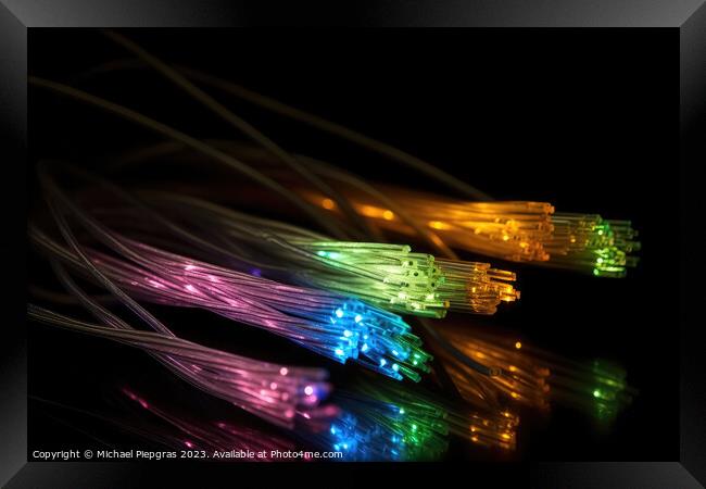 Some fibre optic cables glowing at the end in different colors a Framed Print by Michael Piepgras