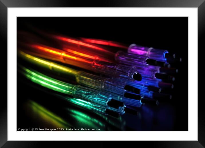 Some fibre optic cables glowing at the end in different colors a Framed Mounted Print by Michael Piepgras
