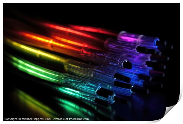Some fibre optic cables glowing at the end in different colors a Print by Michael Piepgras
