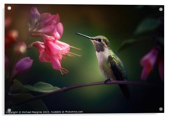 Portrait of a Green Hummingbird on a Flower created with generat Acrylic by Michael Piepgras
