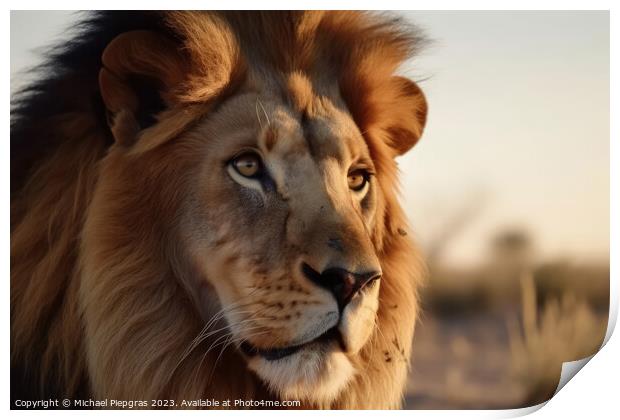Portrait of a strong male lion with the African savanna in the b Print by Michael Piepgras