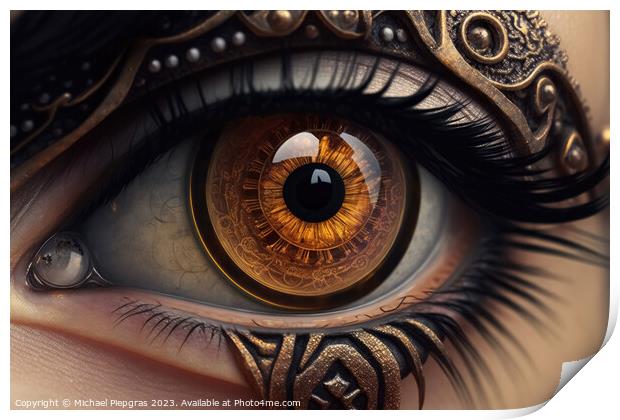 Close up of a female eye in steampunk style created with generat Print by Michael Piepgras