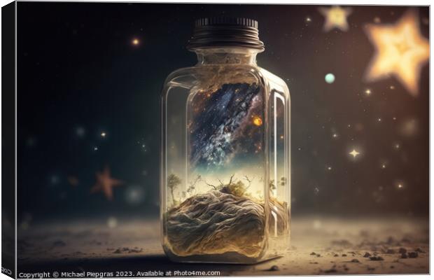 The universe in a glass bottle created with generative AI techno Canvas Print by Michael Piepgras