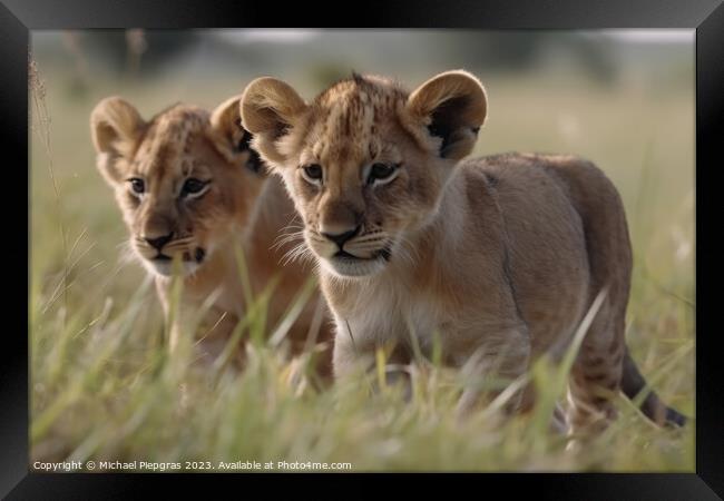 Two cute lion cubs playing in the flat grass of the savannah cre Framed Print by Michael Piepgras