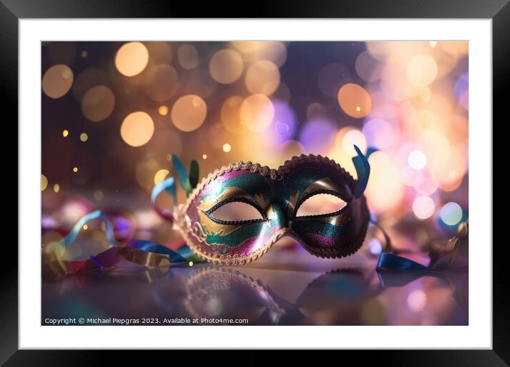 Venetian carnival mask with shiny lights and a defocused bokeh c Framed Mounted Print by Michael Piepgras