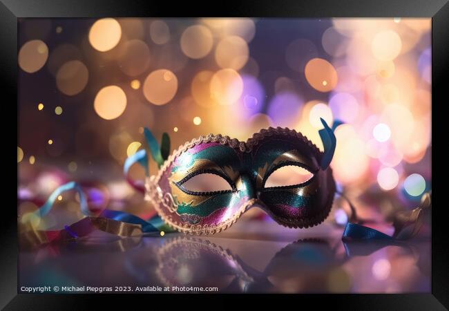 Venetian carnival mask with shiny lights and a defocused bokeh c Framed Print by Michael Piepgras