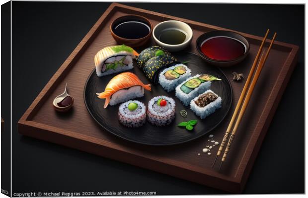 Very tasty sushi served on a dark wooden plate with chopsticks a Canvas Print by Michael Piepgras