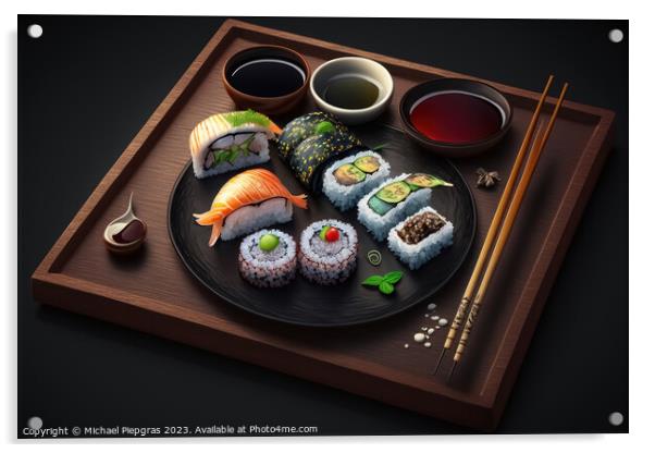 Very tasty sushi served on a dark wooden plate with chopsticks a Acrylic by Michael Piepgras