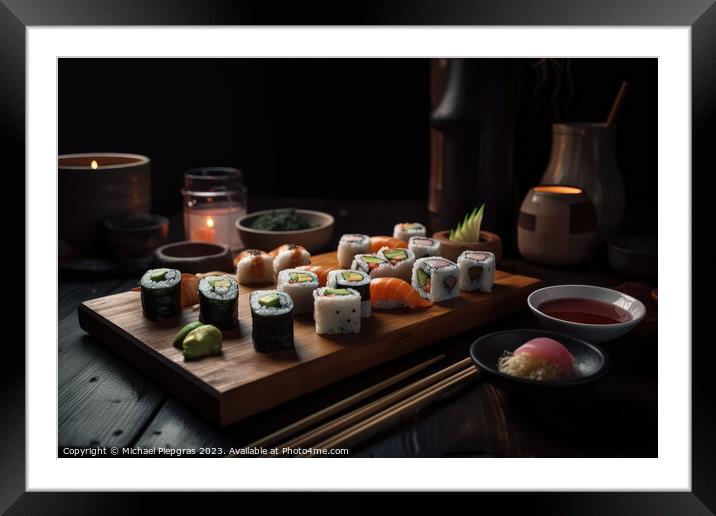 Very tasty sushi served on a dark wooden plate with chopsticks a Framed Mounted Print by Michael Piepgras