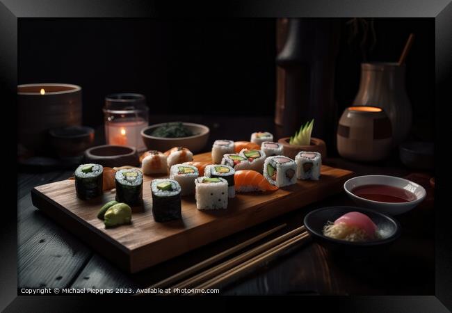 Very tasty sushi served on a dark wooden plate with chopsticks a Framed Print by Michael Piepgras