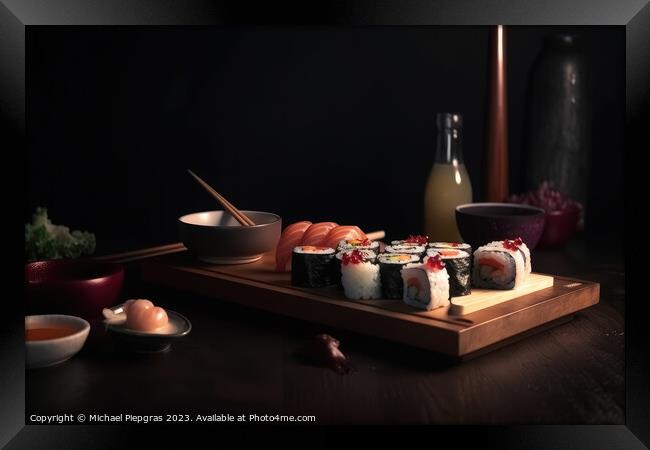 Very tasty sushi served on a dark wooden plate with chopsticks a Framed Print by Michael Piepgras