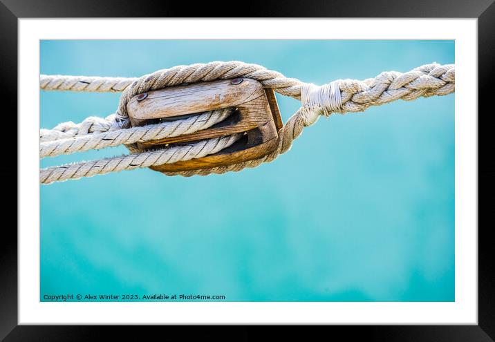 Pulley with ropes of a classic sailing boat. Nauti Framed Mounted Print by Alex Winter