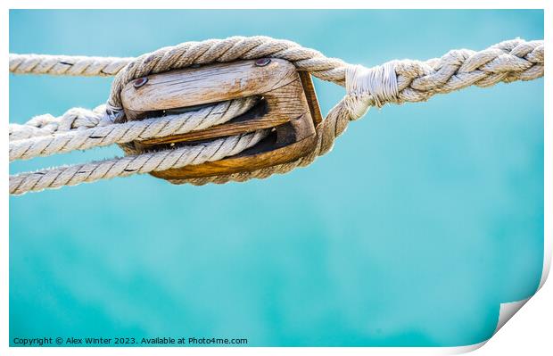 Pulley with ropes of a classic sailing boat. Nauti Print by Alex Winter