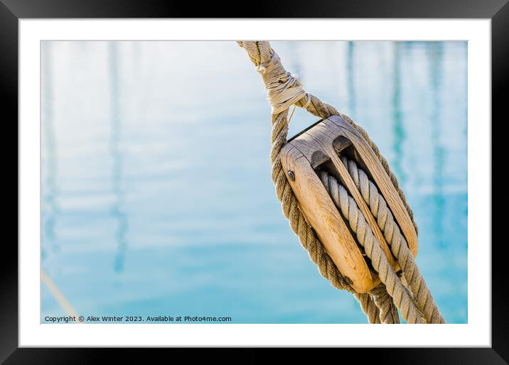 Pulley with ropes of a classic sailing boat Framed Mounted Print by Alex Winter