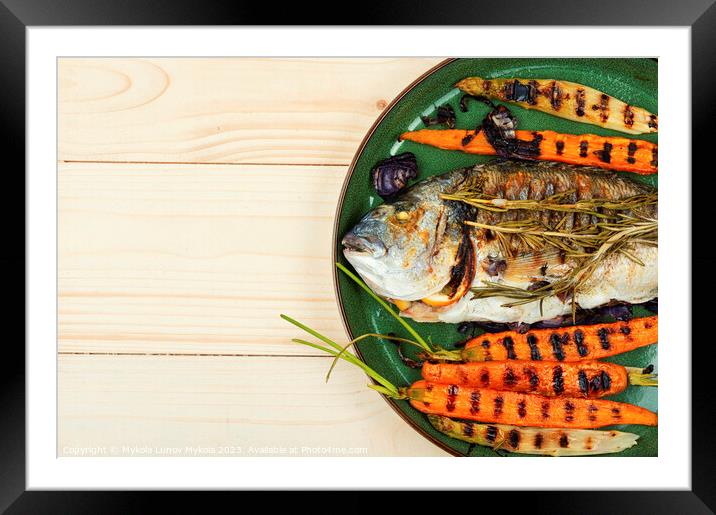 Roasted gilthead fish, space for text Framed Mounted Print by Mykola Lunov Mykola