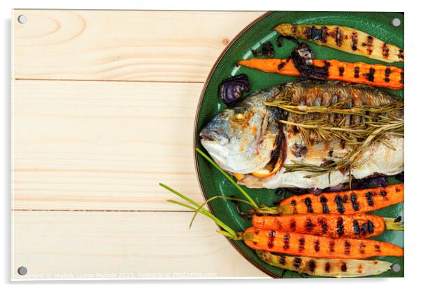 Roasted gilthead fish, space for text Acrylic by Mykola Lunov Mykola
