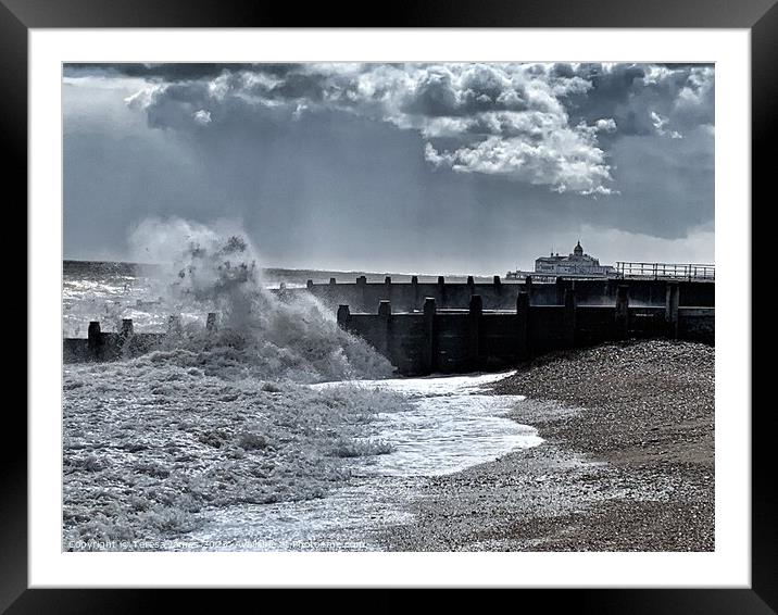 Pier with crashing waves  Framed Mounted Print by Teresa James