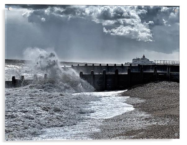 Pier with crashing waves  Acrylic by Teresa James