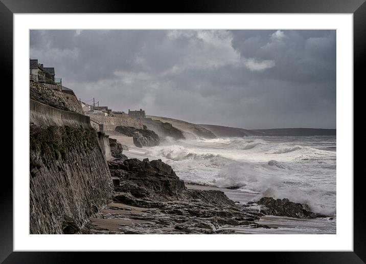 Porthleven beach stormy day Framed Mounted Print by kathy white
