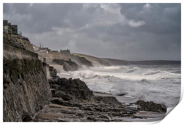 Porthleven beach stormy day Print by kathy white