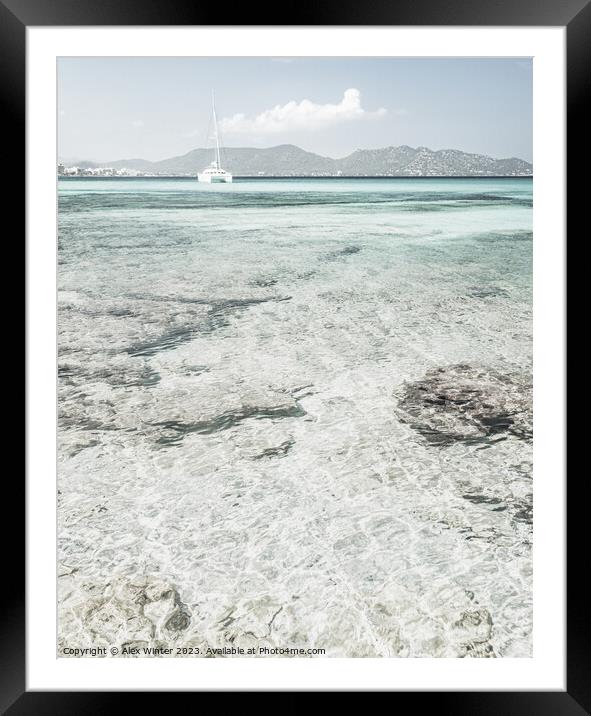 A picture with a boat and a dreamy view of the sea Framed Mounted Print by Alex Winter
