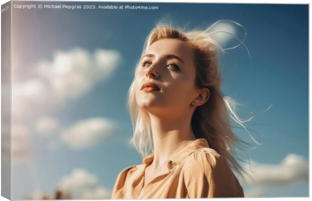 A beautiful portrait of a blonde young woman with a sunny sky ba Canvas Print by Michael Piepgras