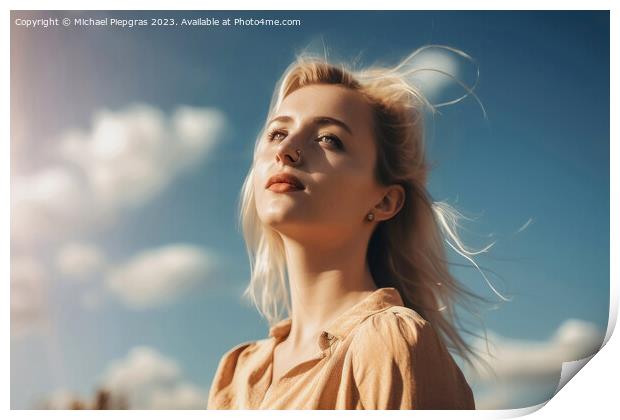 A beautiful portrait of a blonde young woman with a sunny sky ba Print by Michael Piepgras