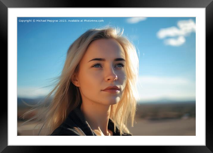 A beautiful portrait of a blonde young woman with a sunny sky ba Framed Mounted Print by Michael Piepgras