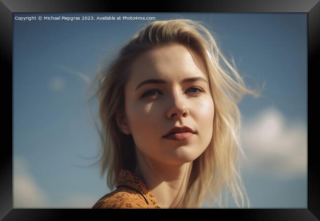 A beautiful portrait of a blonde young woman with a sunny sky ba Framed Print by Michael Piepgras