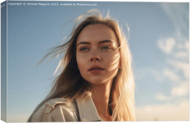 A beautiful portrait of a blonde young woman with a sunny sky ba Canvas Print by Michael Piepgras