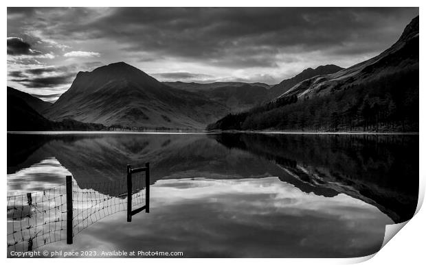 Buttermere at sunrise in monochrome Print by phil pace