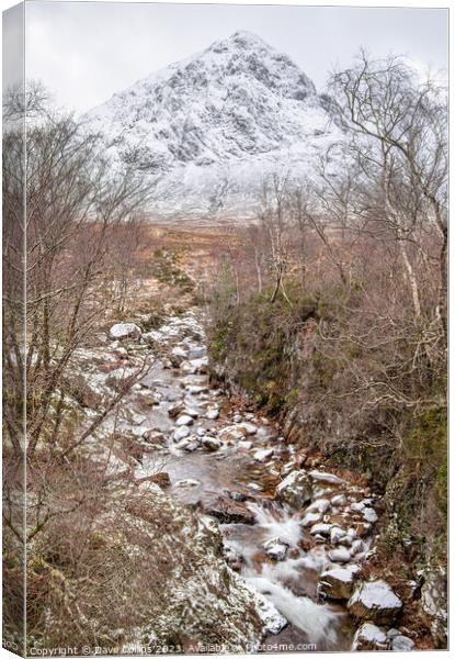 Partly frozen River Coupall with Buachaille Etive Mor and Stob Deargin the background,  Glen Coe, Highlands, Scotland Canvas Print by Dave Collins