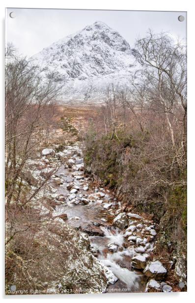 Partly frozen River Coupall with Buachaille Etive Mor and Stob Deargin the background,  Glen Coe, Highlands, Scotland Acrylic by Dave Collins