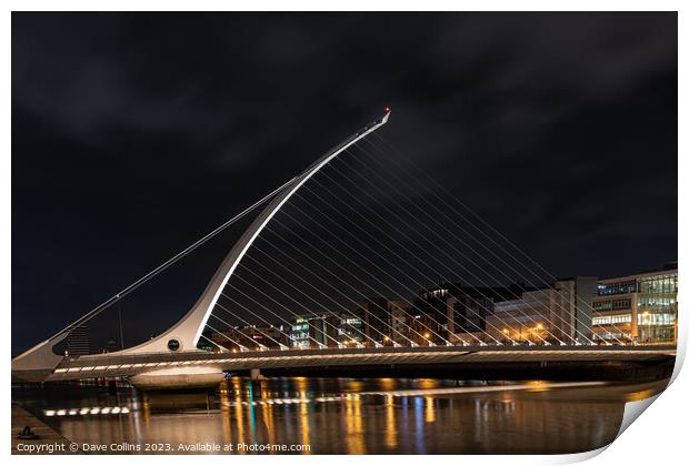The Samuel Beckett Bridge over the River Liffey illuminated at night  (Looking upstream from the south bank), Dublin, Ireland Print by Dave Collins
