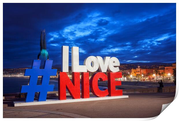 I Love Nice Sign in Nice City at Night Print by Artur Bogacki