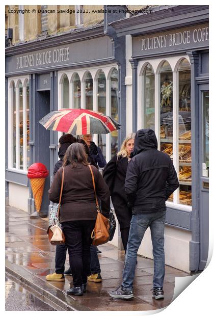 Pulteney Bridge coffee shop in the rain Print by Duncan Savidge