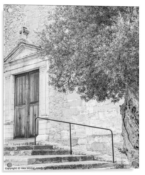 A beautiful old olive tree standing next to an old church, black and white Acrylic by Alex Winter