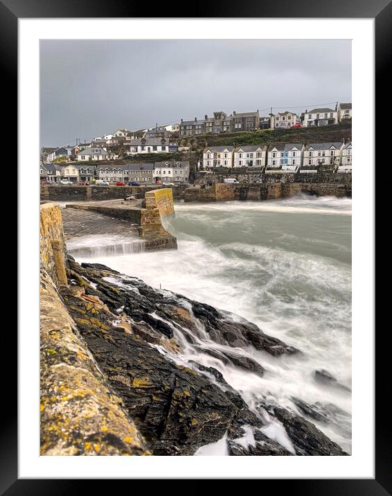 Porthleven Harbour Cornwall stormy sea Framed Mounted Print by kathy white