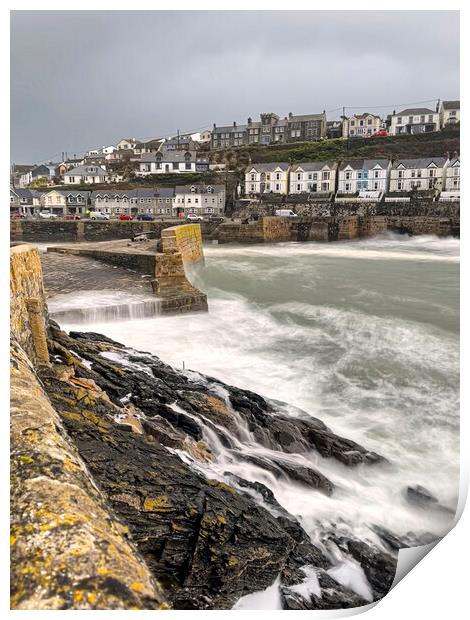 Porthleven Harbour Cornwall stormy sea Print by kathy white