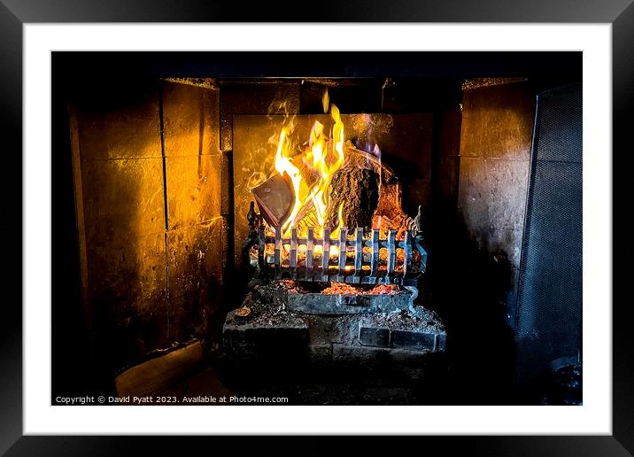 English Pub Log Fire Framed Mounted Print by David Pyatt