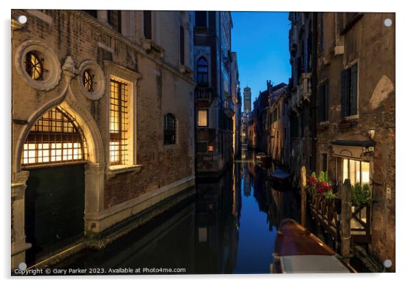 Venetian canal at night time Acrylic by Gary Parker