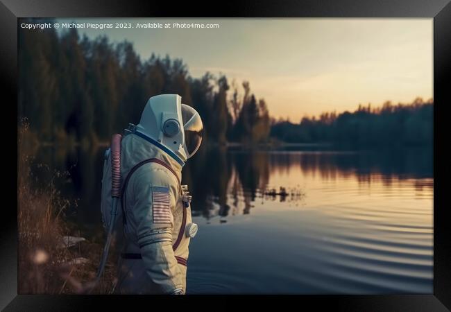 A female astronaut stands by a lake and looks at the stars creat Framed Print by Michael Piepgras
